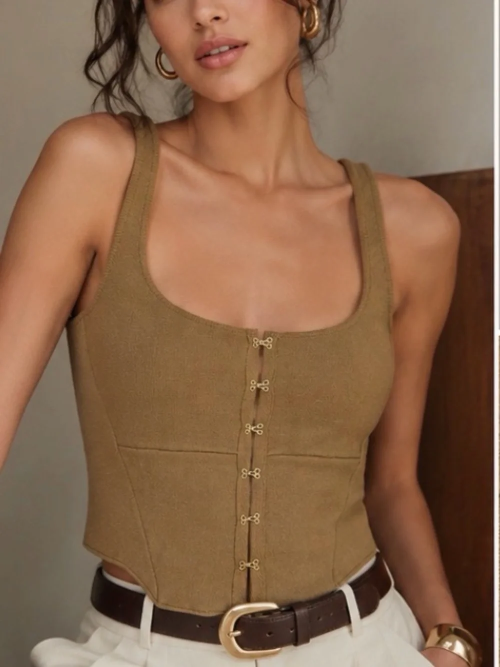 NWT By Anthropologie Khaki Structured Knit Corset Top - Picture 4 of 9